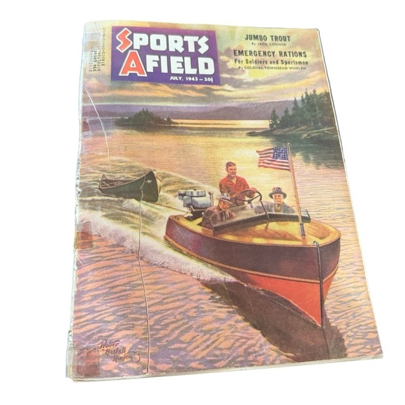 Vintage Other - July 1943 Sports Afield Magazine Cover Art By Walter Haskell Hinton Fishing WWII